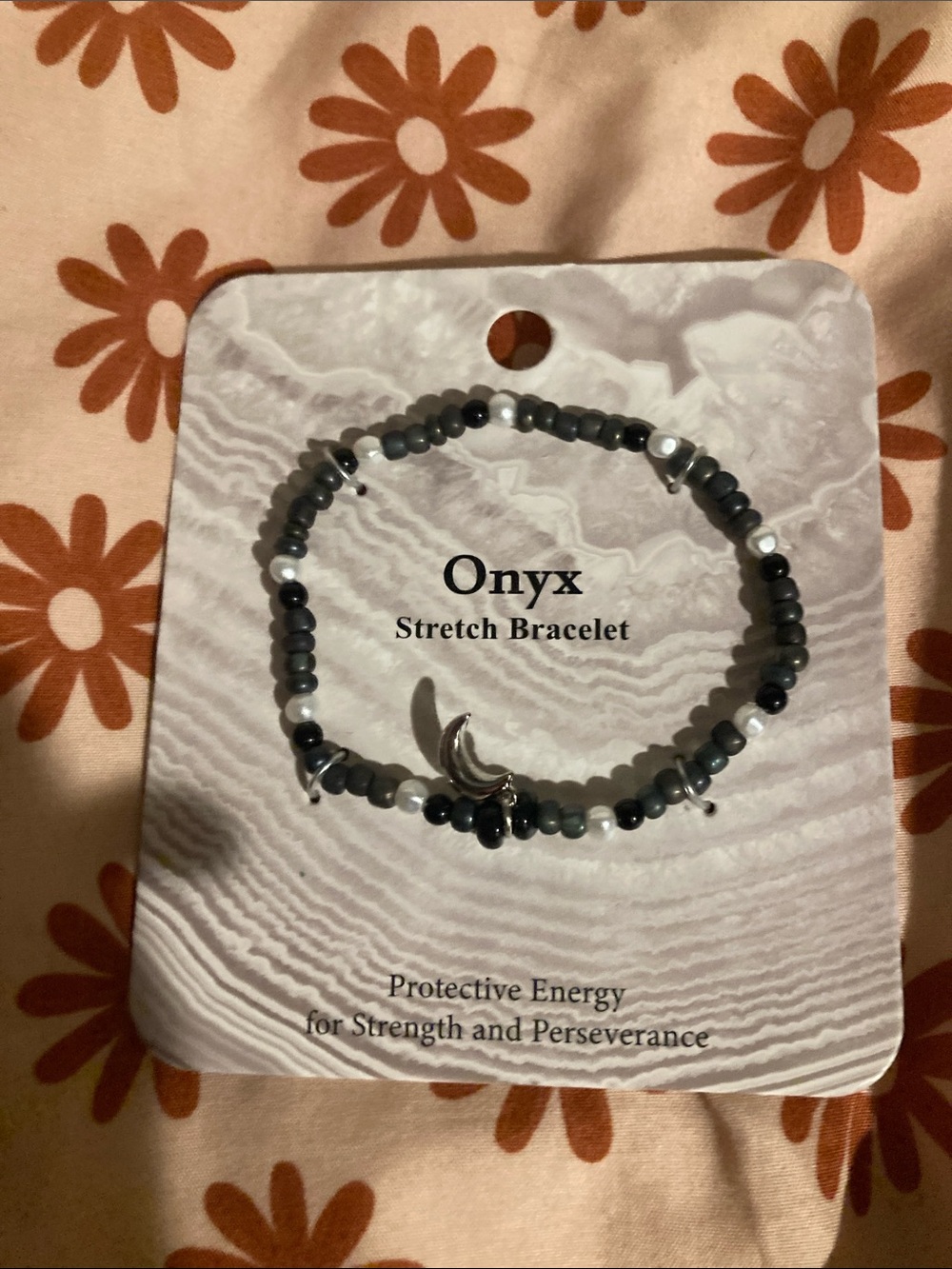 Onyx Beaded Bracelet with Crescent Charm in Black and Gray